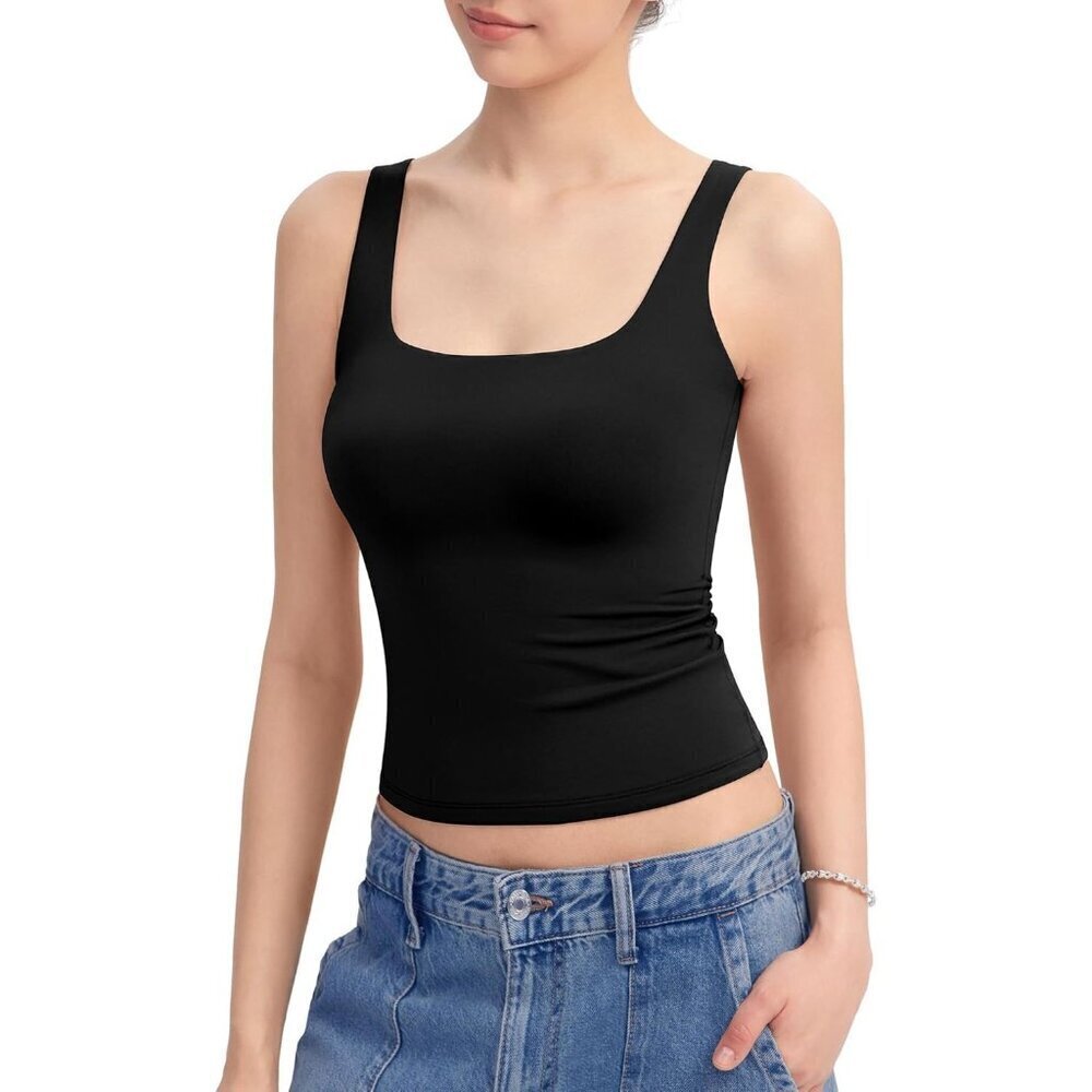 Alljoin Women Black Double Lined Square Neck Sleeveless Tank Top For Workout Gym - Picture 1 of 7